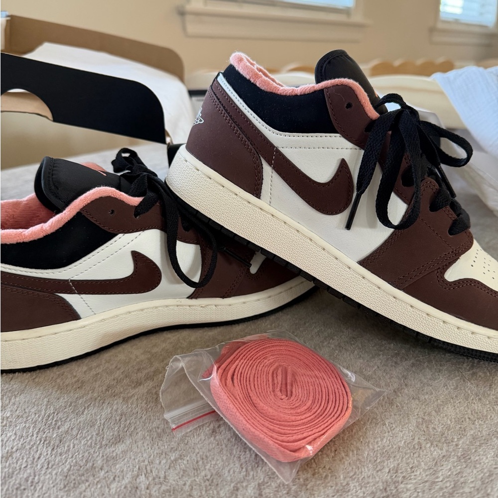 Nike Brown and White Air Jordan Sneakers with Pink Highlights